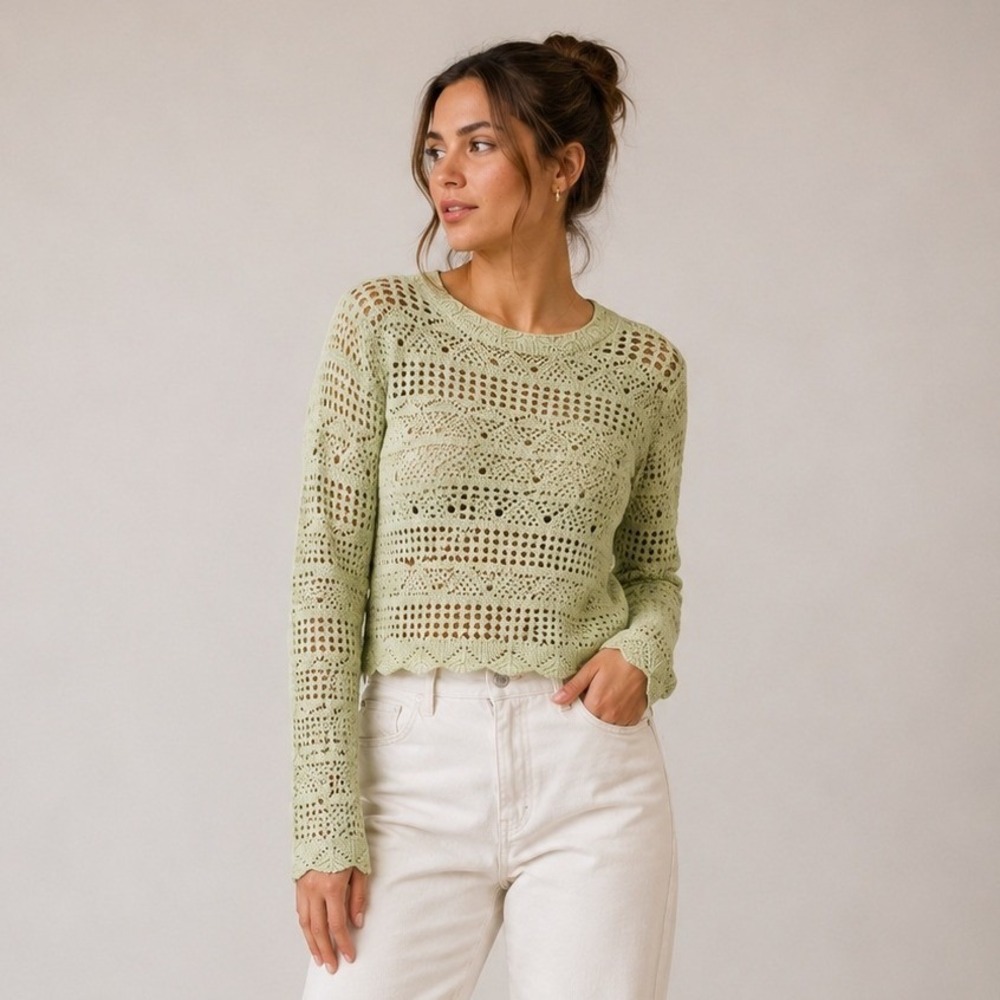 Freshman‎ Womens Sage Green Crochet Pointelle Knit Long Sleeve Sweater XS